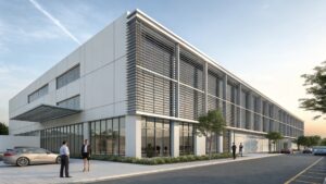 contemporary building with sleek facade and window louvers